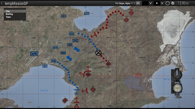 Mappa con indicazioni delle posizioni dei Blufor (marcker blu) e degli Opfor (marcker rossi) nel simulatore Arma 3